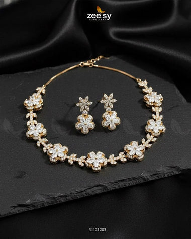 Floral Cubic Stone Necklace Set Golden white Necklace Sets - Zeesy Jewellery Pakistan | Premium Artificial & Imitation Jewellery