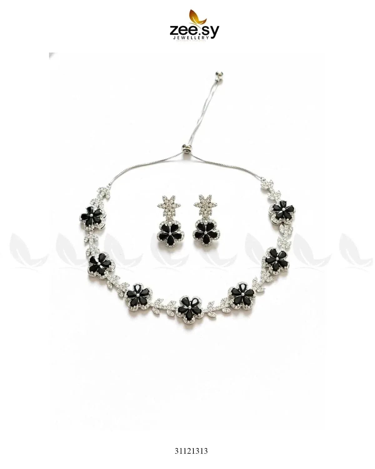 Floral Cubic Stone Necklace Set Silver Black Necklace Sets - Zeesy Jewellery Pakistan | Premium Artificial & Imitation Jewellery
