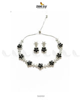 Floral Cubic Stone Necklace Set Silver Black Necklace Sets - Zeesy Jewellery Pakistan | Premium Artificial & Imitation Jewellery