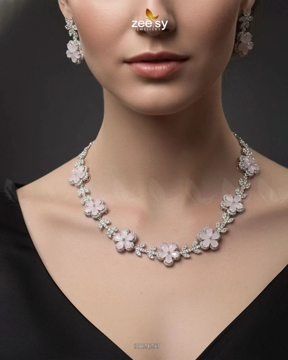 Floral Cubic Stone Necklace Set Silver Mint Pink Necklace Sets - Zeesy Jewellery Pakistan | Premium Artificial & Imitation Jewellery