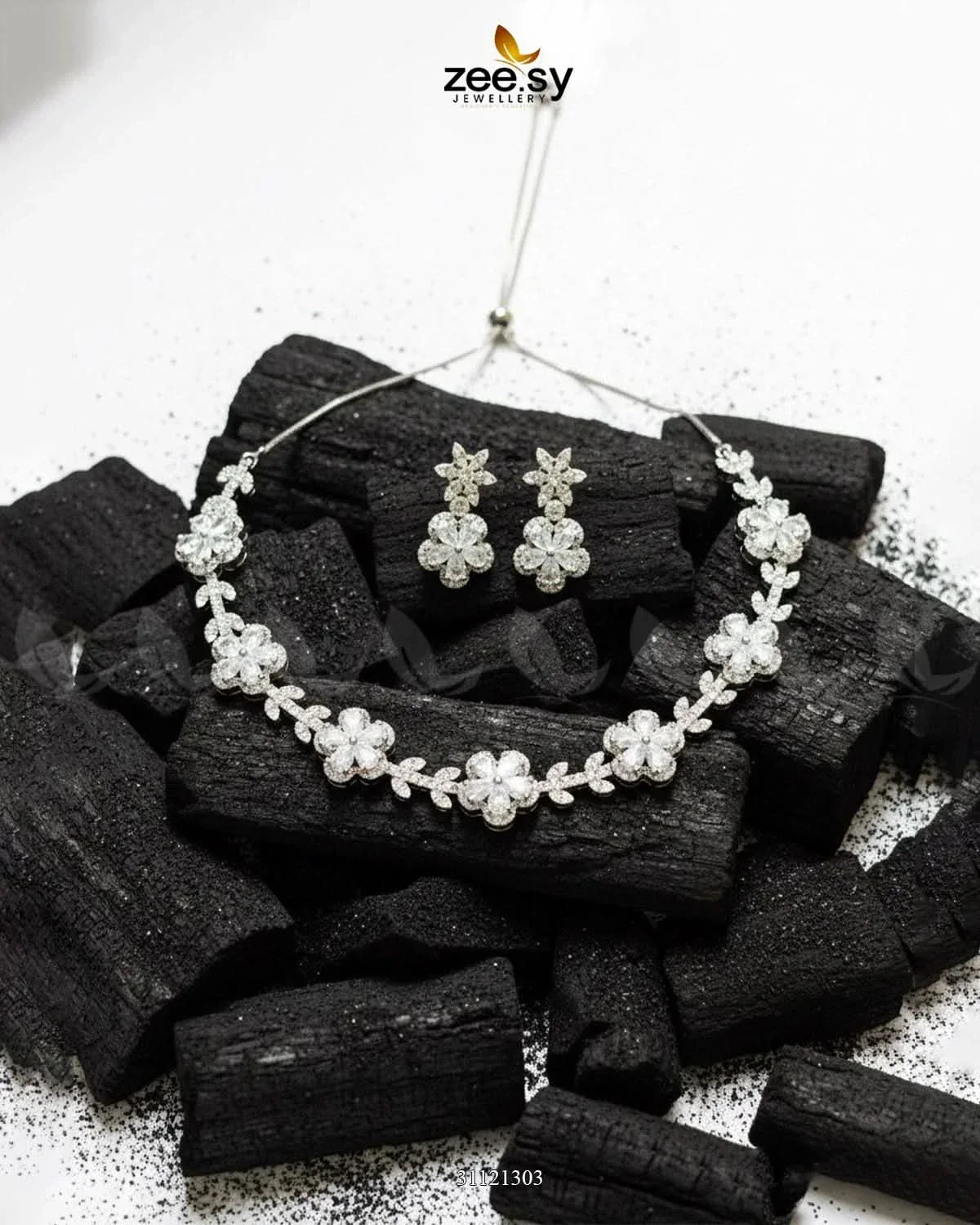 Floral Cubic Stone Necklace Set Silver White Necklace Sets - Zeesy Jewellery Pakistan | Premium Artificial & Imitation Jewellery