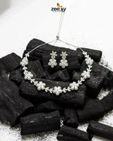 Floral Cubic Stone Necklace Set Silver White Necklace Sets - Zeesy Jewellery Pakistan | Premium Artificial & Imitation Jewellery