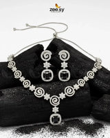Opulent Vestige Crystal Necklace Set Silver Black Necklace Sets - Zeesy Jewellery Pakistan | Premium Artificial & Imitation Jewellery