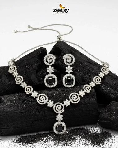 Opulent Vestige Crystal Necklace Set Silver Black Necklace Sets - Zeesy Jewellery Pakistan | Premium Artificial & Imitation Jewellery