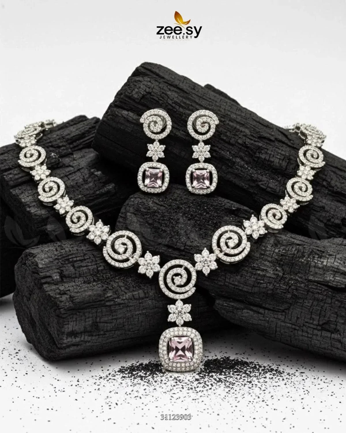 Opulent Vestige Crystal Necklace Set Silver Mint Pink Necklace Sets - Zeesy Jewellery Pakistan | Premium Artificial & Imitation Jewellery