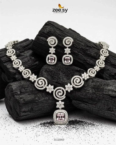 Opulent Vestige Crystal Necklace Set Silver Mint Pink Necklace Sets - Zeesy Jewellery Pakistan | Premium Artificial & Imitation Jewellery