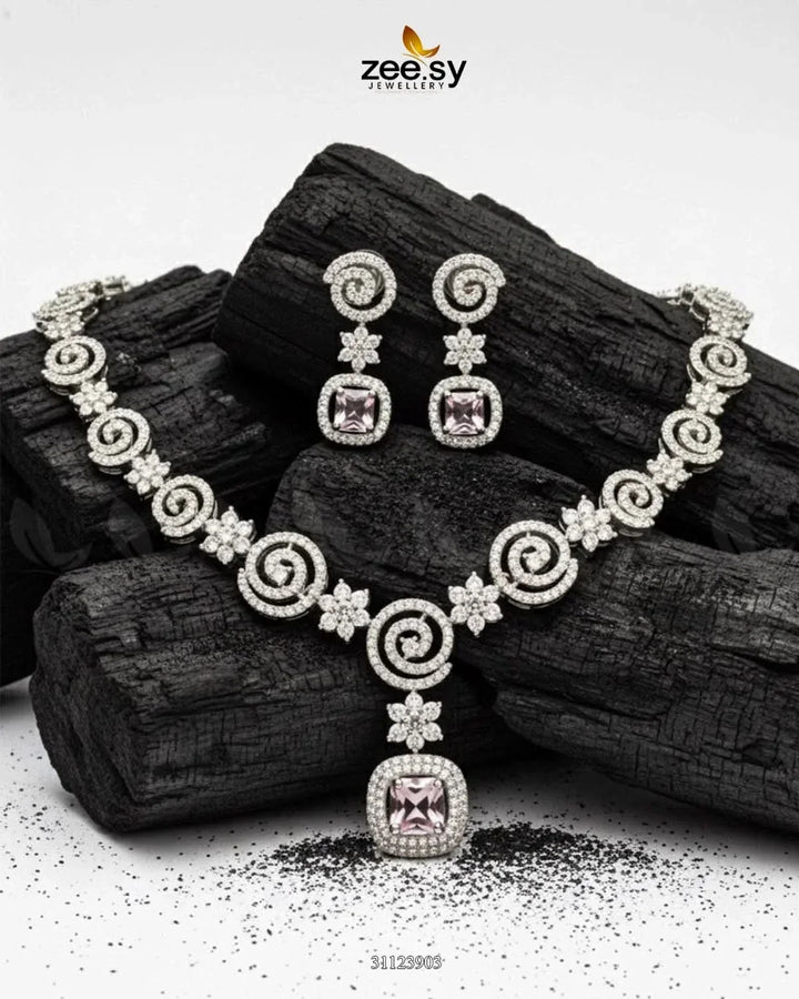 Opulent Vestige Crystal Necklace Set Silver Mint Pink Necklace Sets - Zeesy Jewellery Pakistan | Premium Artificial & Imitation Jewellery