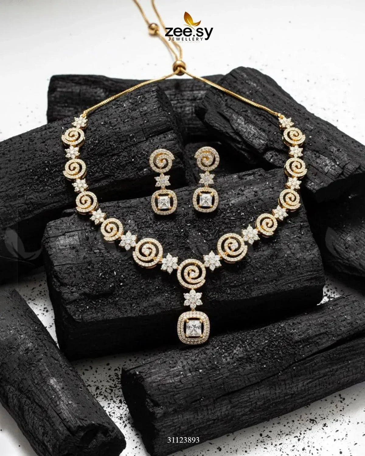 Opulent Vestige Crystal Necklace Set Golden White Necklace Sets - Zeesy Jewellery Pakistan | Premium Artificial & Imitation Jewellery