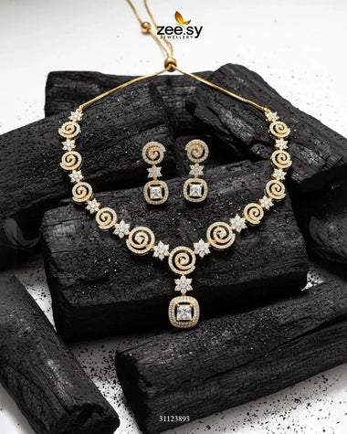 Opulent Vestige Crystal Necklace Set Golden White Necklace Sets - Zeesy Jewellery Pakistan | Premium Artificial & Imitation Jewellery