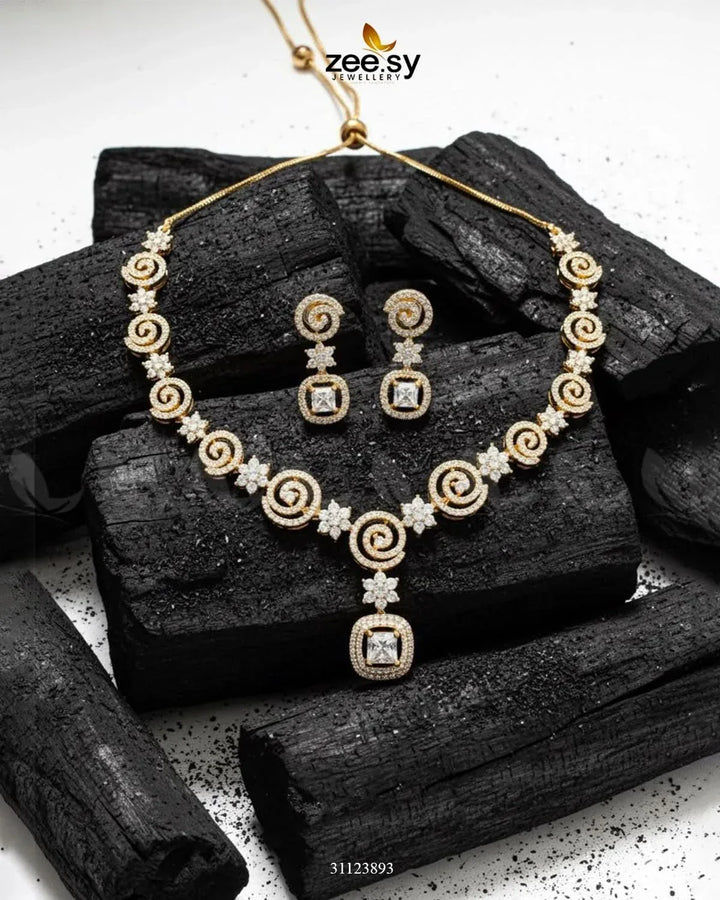 Opulent Vestige Crystal Necklace Set Golden White Necklace Sets - Zeesy Jewellery Pakistan | Premium Artificial & Imitation Jewellery