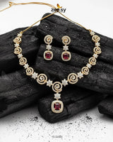Opulent Vestige Crystal Necklace Set Golden Ruby Necklace Sets - Zeesy Jewellery Pakistan | Premium Artificial & Imitation Jewellery