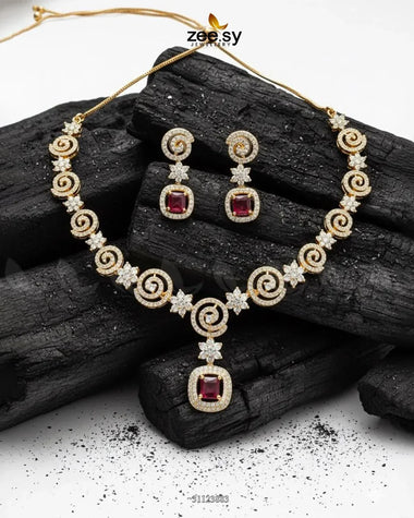 Opulent Vestige Crystal Necklace Set Golden Ruby Necklace Sets - Zeesy Jewellery Pakistan | Premium Artificial & Imitation Jewellery
