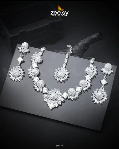 Astilbe Necklace Set Silver White Necklace Sets - Zeesy Jewellery Pakistan | Premium Artificial & Imitation Jewellery