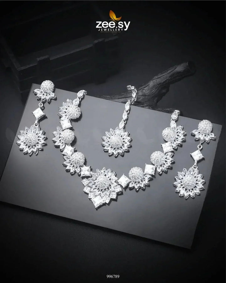 Astilbe Necklace Set Silver White Necklace Sets - Zeesy Jewellery Pakistan | Premium Artificial & Imitation Jewellery