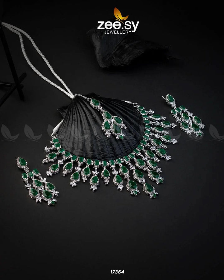 Gorgeous Necklace Set Silver Green Necklace Sets - Zeesy Jewellery Pakistan | Premium Artificial & Imitation Jewellery