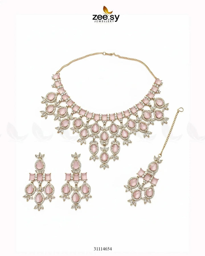 Gorgeous Necklace Set Golden Mint Pink Necklace Sets - Zeesy Jewellery Pakistan | Premium Artificial & Imitation Jewellery