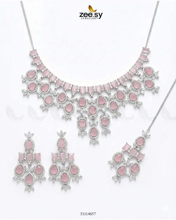 Gorgeous Necklace Set Silver Mint Pink Necklace Sets - Zeesy Jewellery Pakistan | Premium Artificial & Imitation Jewellery