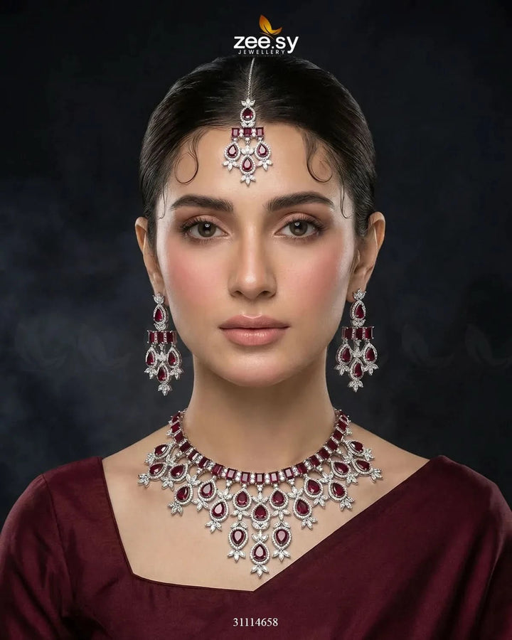 Gorgeous Necklace Set Silver Red Necklace Sets - Zeesy Jewellery Pakistan | Premium Artificial & Imitation Jewellery
