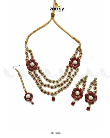 Grandeur Necklace Set Golden Red Necklace Sets - Zeesy Jewellery Pakistan | Premium Artificial & Imitation Jewellery