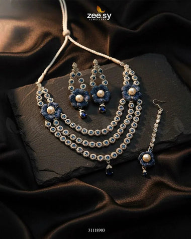 Grandeur Necklace Set Silver Blue Necklace Sets - Zeesy Jewellery Pakistan | Premium Artificial & Imitation Jewellery
