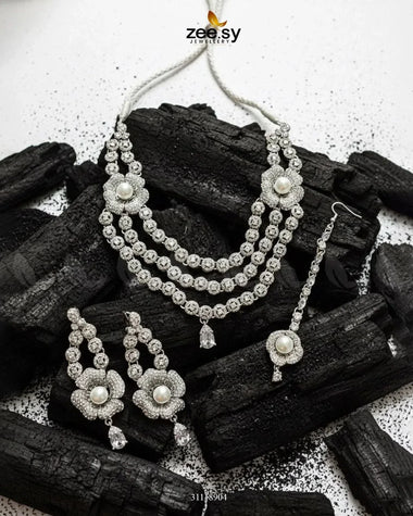 Grandeur Necklace Set Silver White Necklace Sets - Zeesy Jewellery Pakistan | Premium Artificial & Imitation Jewellery