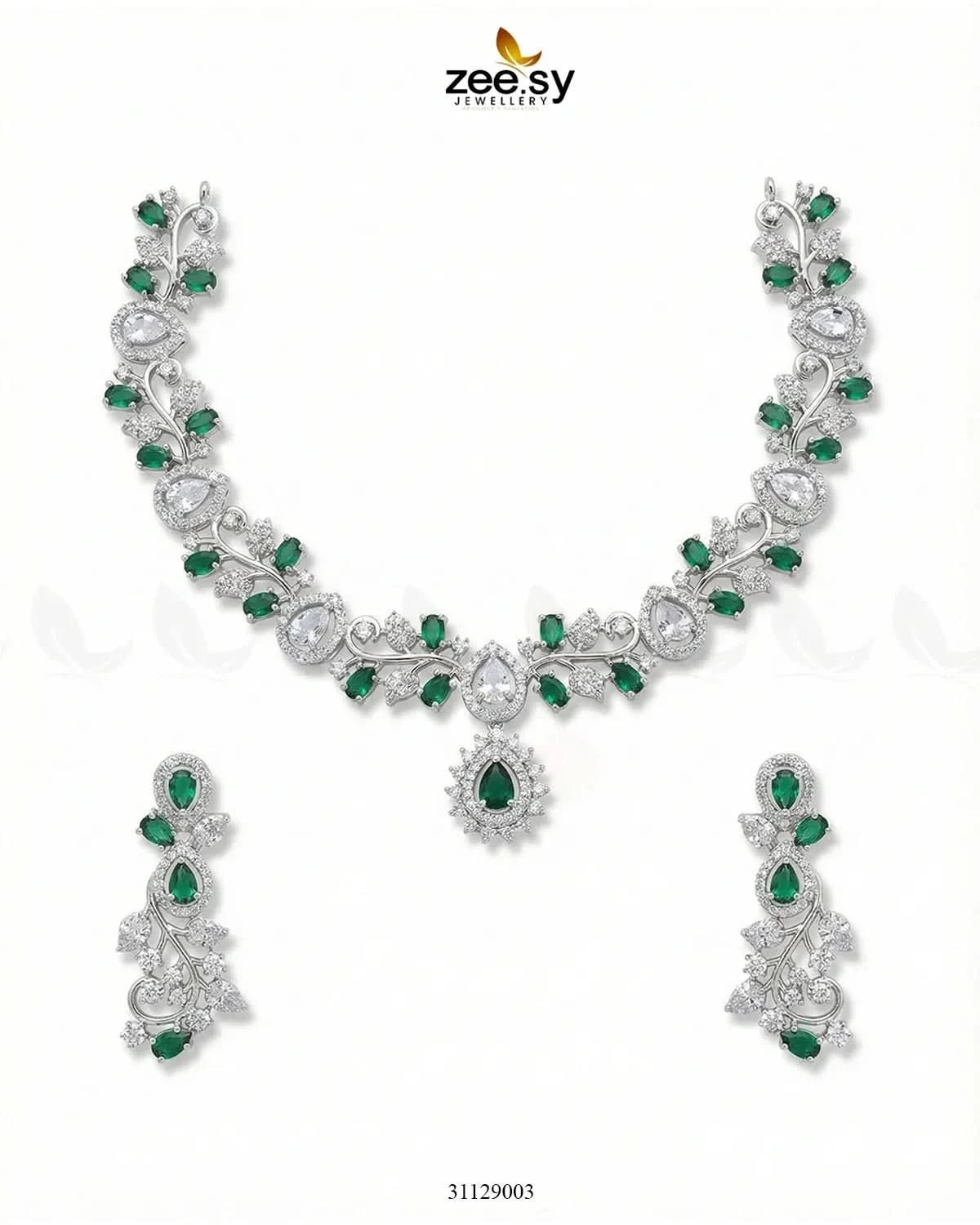 Silver Blossom Vine Necklace Set Silver Green Necklace Sets - Zeesy Jewellery Pakistan | Premium Artificial & Imitation Jewellery