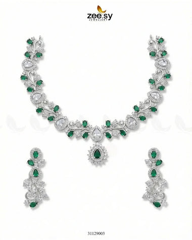 Silver Blossom Vine Necklace Set Silver Green Necklace Sets - Zeesy Jewellery Pakistan | Premium Artificial & Imitation Jewellery