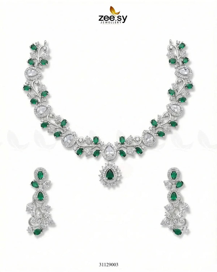 Silver Blossom Vine Necklace Set Silver Green Necklace Sets - Zeesy Jewellery Pakistan | Premium Artificial & Imitation Jewellery