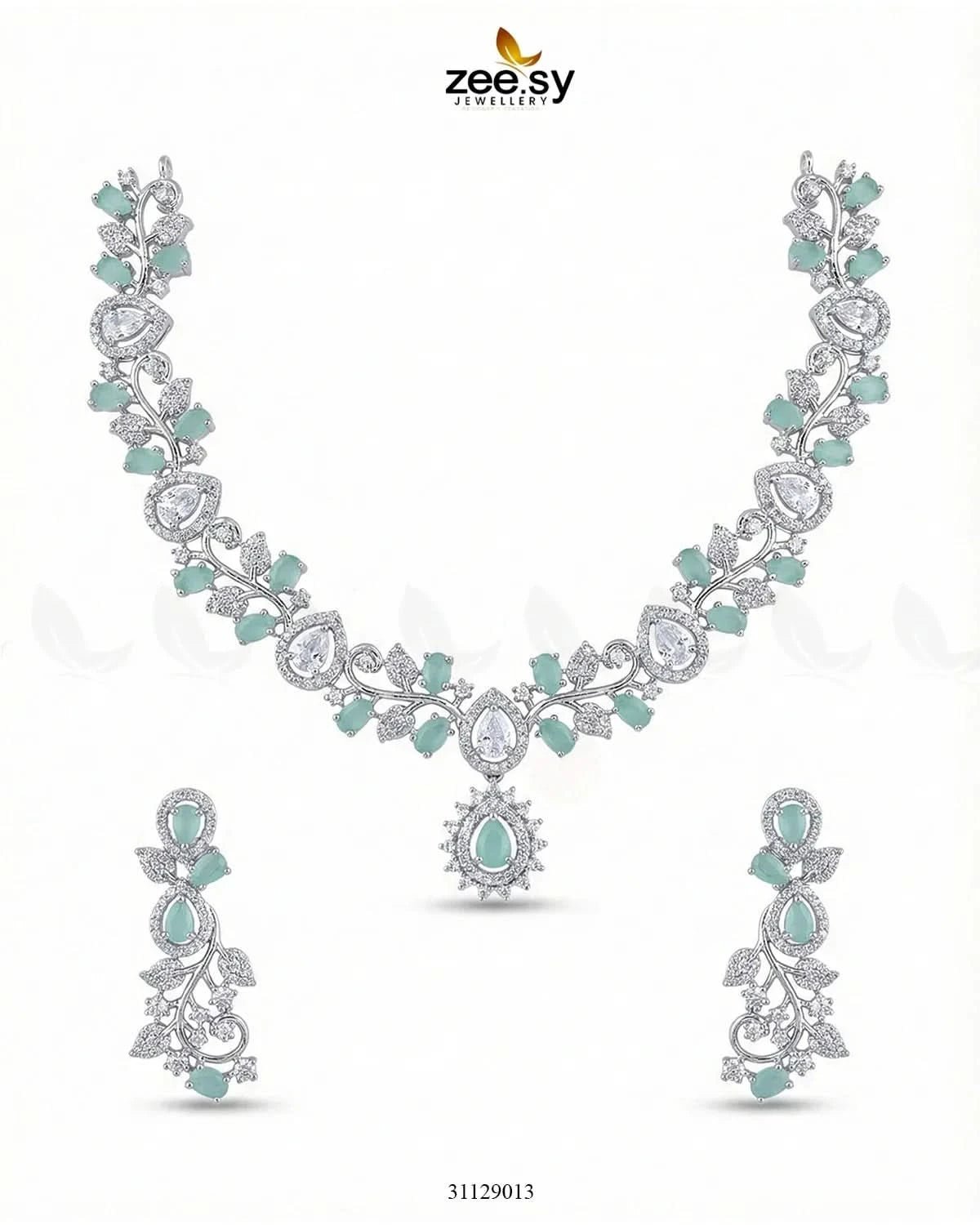 Silver Blossom Vine Necklace Set Silver Mint Green Necklace Sets - Zeesy Jewellery Pakistan | Premium Artificial & Imitation Jewellery