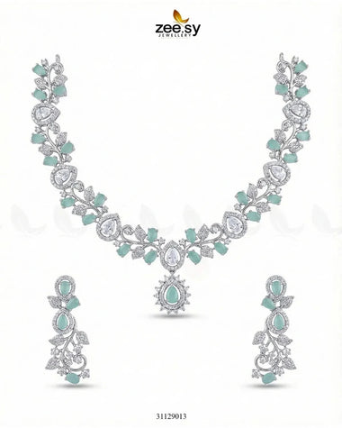 Silver Blossom Vine Necklace Set Silver Mint Green Necklace Sets - Zeesy Jewellery Pakistan | Premium Artificial & Imitation Jewellery