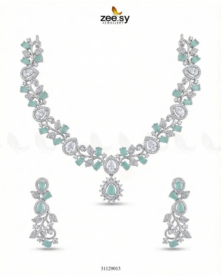 Silver Blossom Vine Necklace Set Silver Mint Green Necklace Sets - Zeesy Jewellery Pakistan | Premium Artificial & Imitation Jewellery
