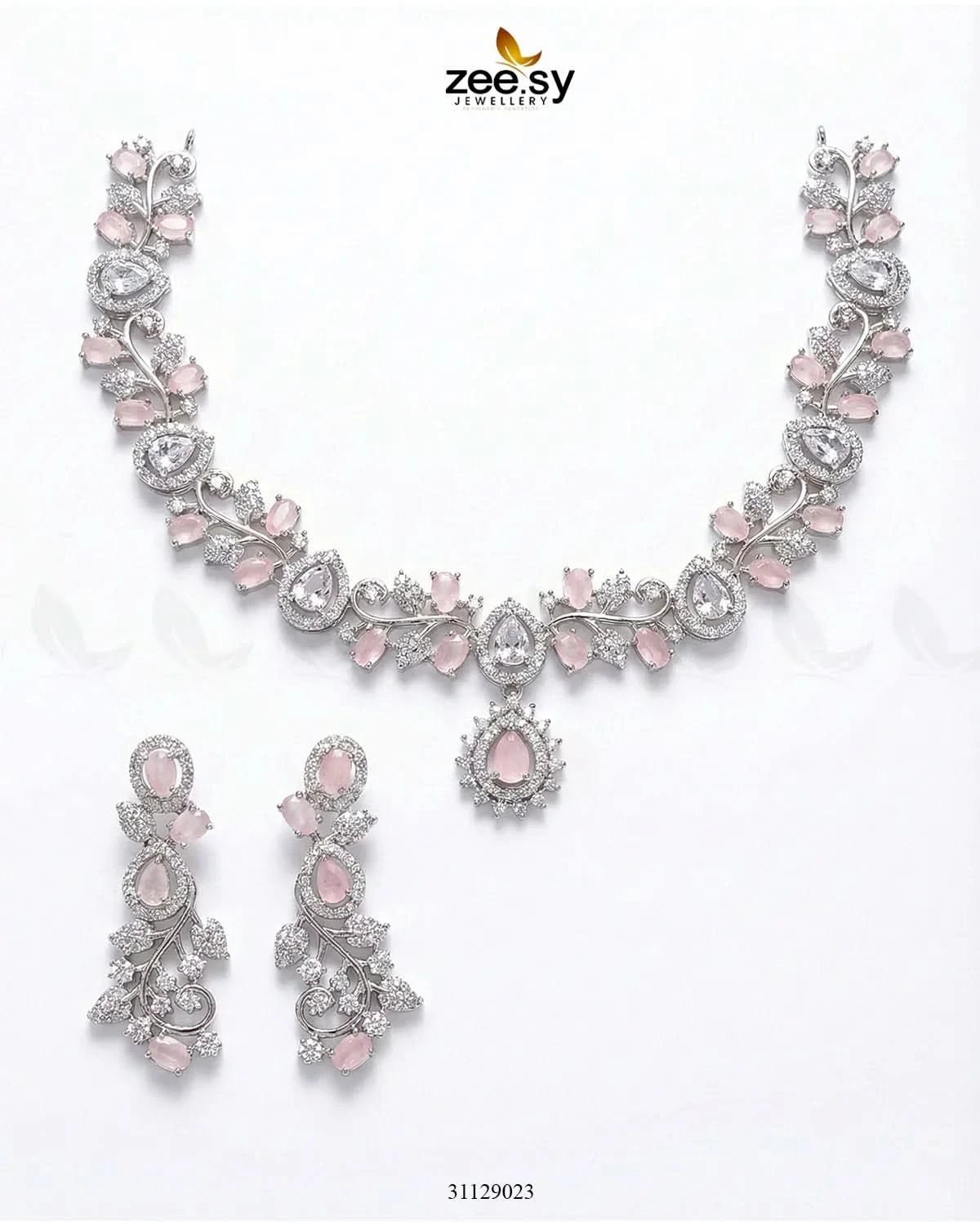 Silver Blossom Vine Necklace Set Silver Mint Pink Necklace Sets - Zeesy Jewellery Pakistan | Premium Artificial & Imitation Jewellery