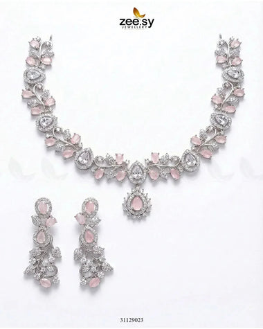 Silver Blossom Vine Necklace Set Silver Mint Pink Necklace Sets - Zeesy Jewellery Pakistan | Premium Artificial & Imitation Jewellery
