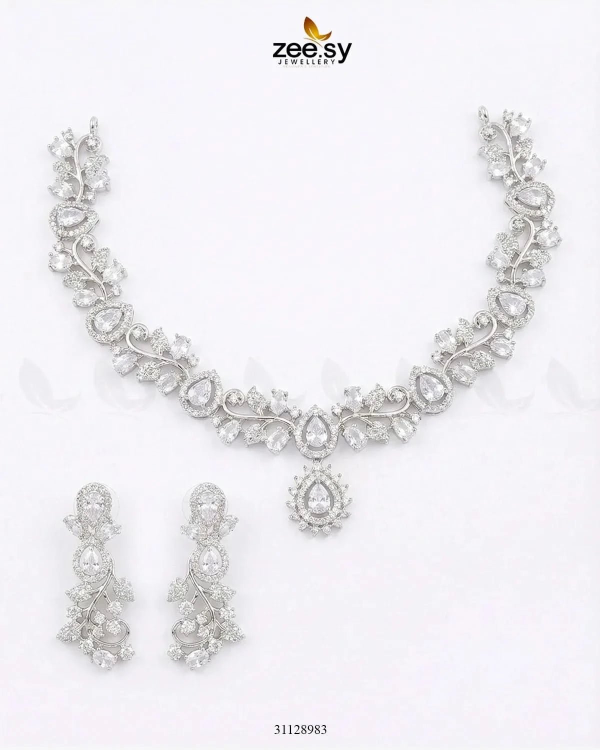 Silver Blossom Vine Necklace Set Full Silver Necklace Sets - Zeesy Jewellery Pakistan | Premium Artificial & Imitation Jewellery