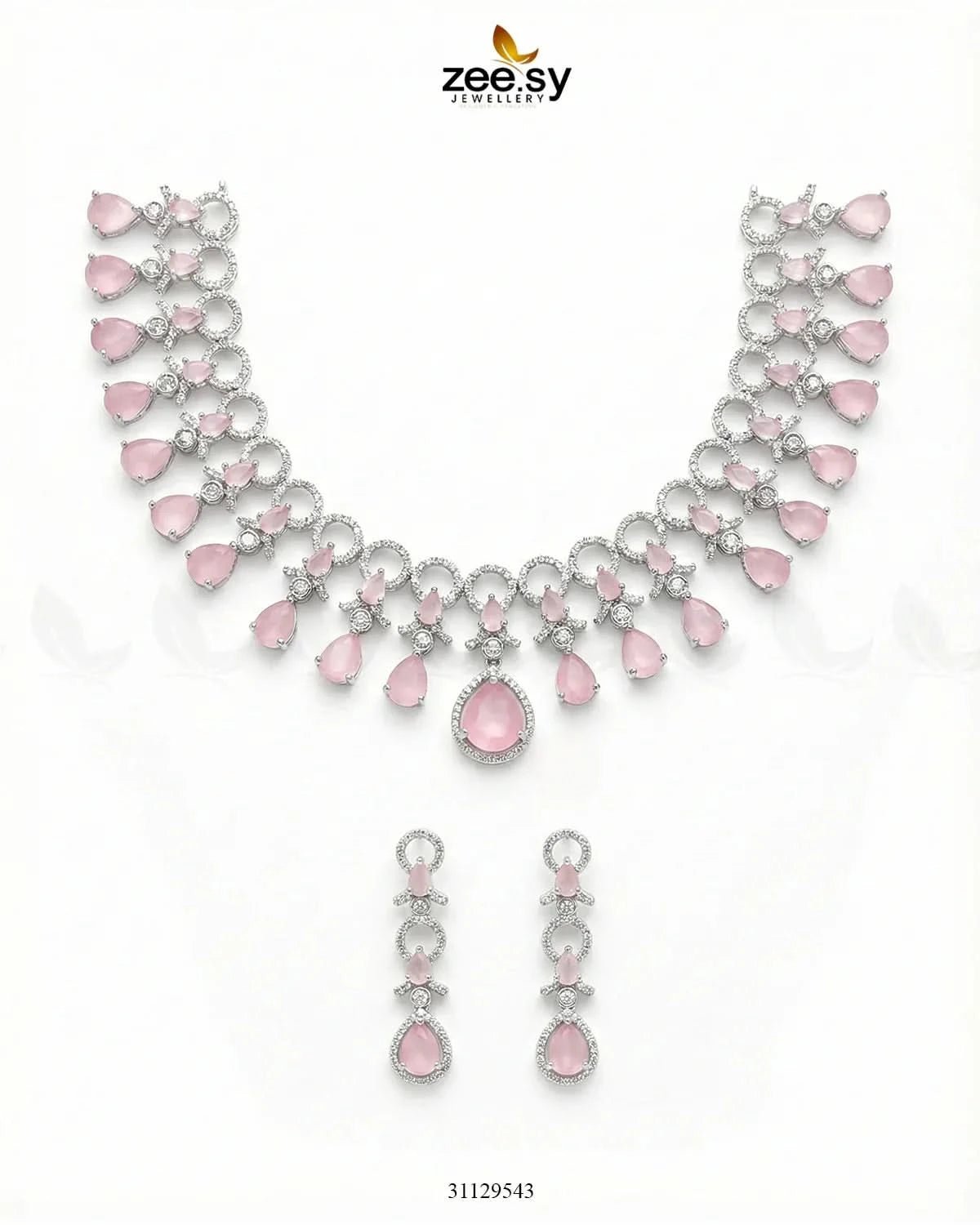 Silver Halo Cascading Necklace Set Silver Mint Pink Necklace Sets - Zeesy Jewellery Pakistan | Premium Artificial & Imitation Jewellery