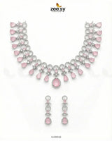 Silver Halo Cascading Necklace Set Silver Mint Pink Necklace Sets - Zeesy Jewellery Pakistan | Premium Artificial & Imitation Jewellery