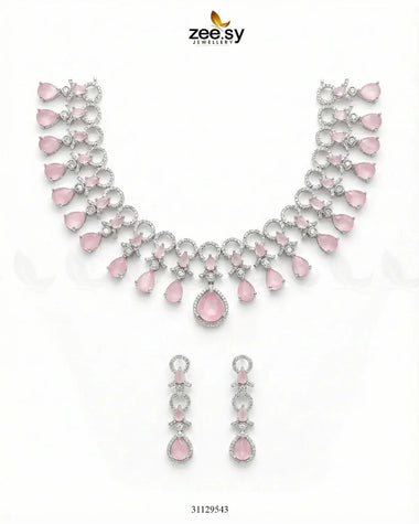 Silver Halo Cascading Necklace Set Silver Mint Pink Necklace Sets - Zeesy Jewellery Pakistan | Premium Artificial & Imitation Jewellery