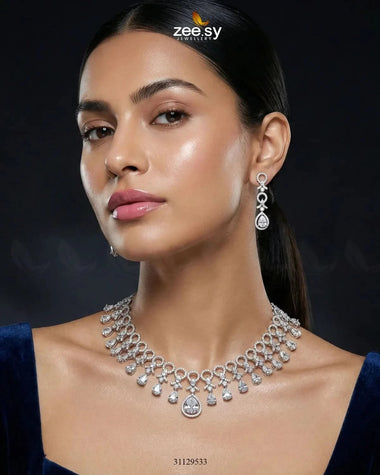 Silver Halo Cascading Necklace Set Necklace Sets - Zeesy Jewellery Pakistan | Premium Artificial & Imitation Jewellery