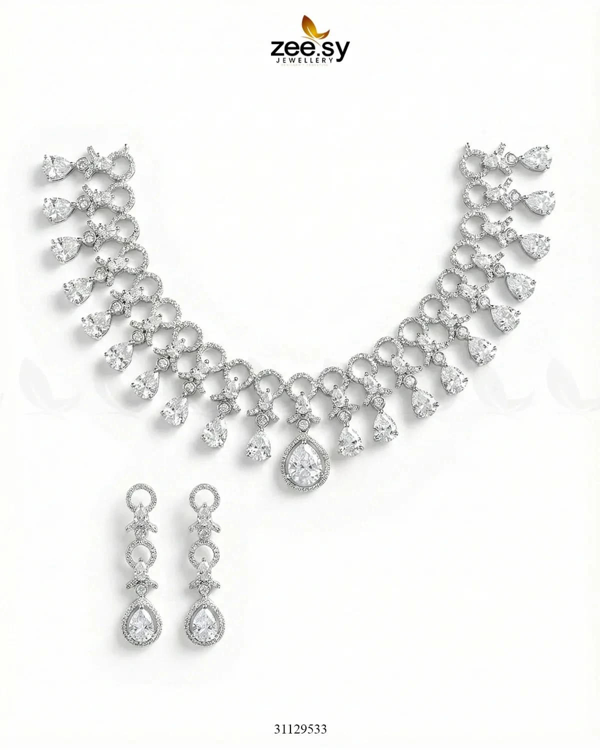 Silver Halo Cascading Necklace Set Silver White Necklace Sets - Zeesy Jewellery Pakistan | Premium Artificial & Imitation Jewellery