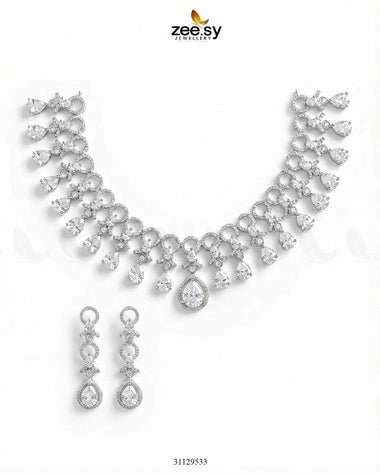 Silver Halo Cascading Necklace Set Silver White Necklace Sets - Zeesy Jewellery Pakistan | Premium Artificial & Imitation Jewellery