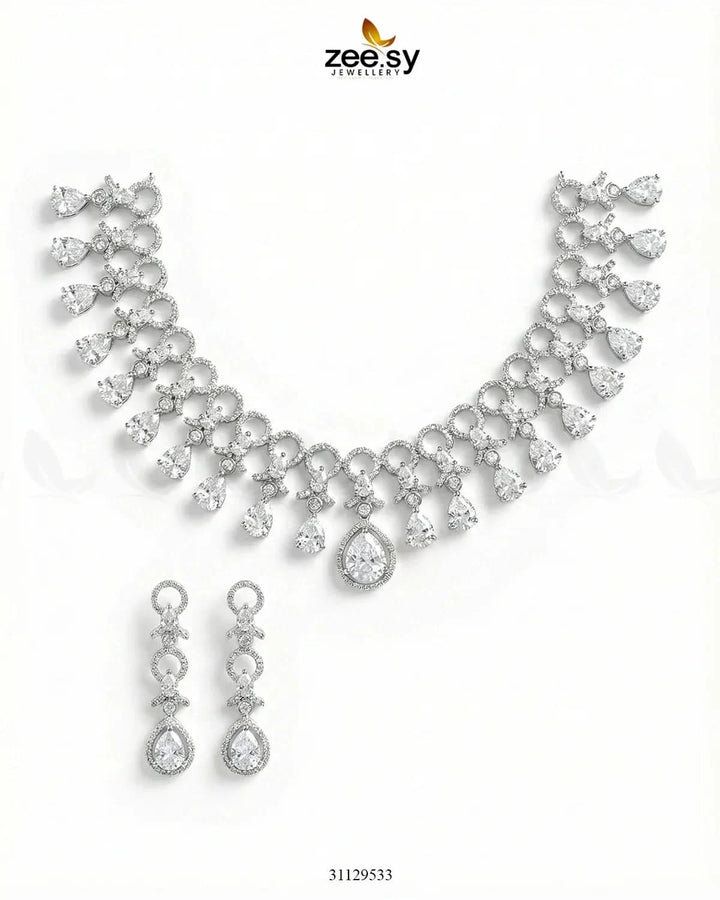 Silver Halo Cascading Necklace Set Silver White Necklace Sets - Zeesy Jewellery Pakistan | Premium Artificial & Imitation Jewellery