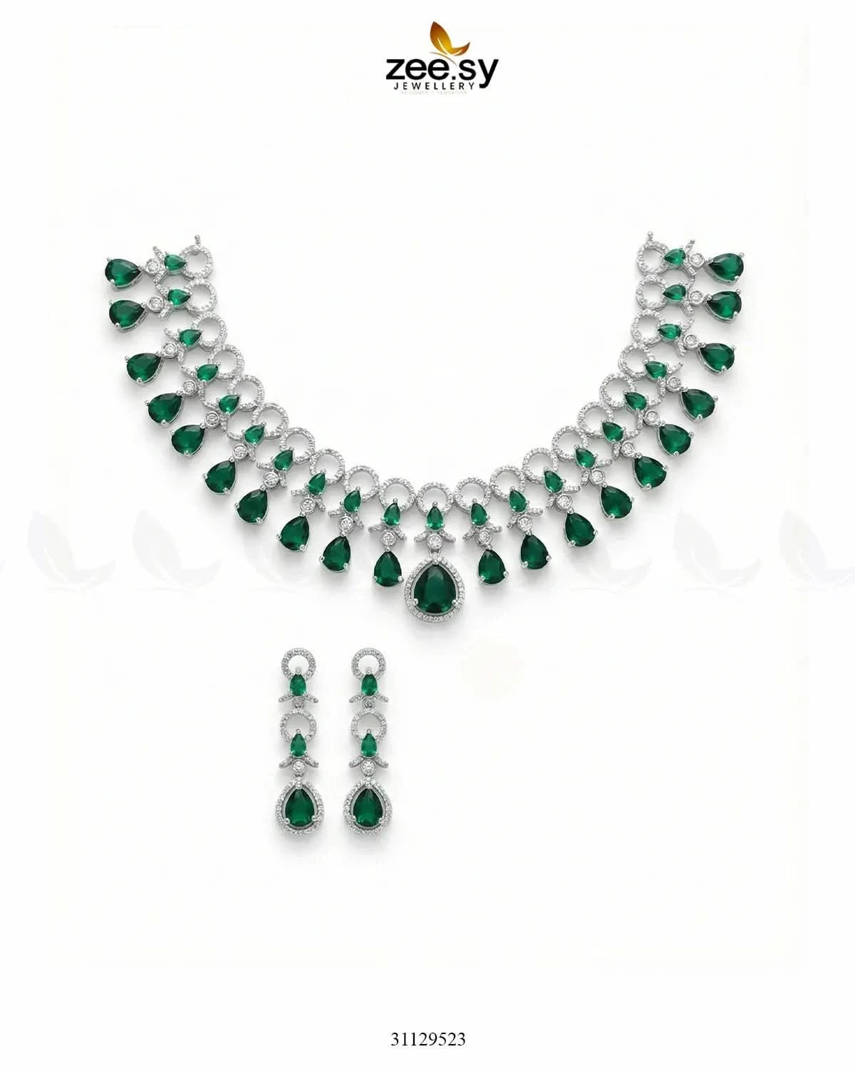 Silver Halo Cascading Necklace Set Silver Green Necklace Sets - Zeesy Jewellery Pakistan | Premium Artificial & Imitation Jewellery