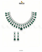 Silver Halo Cascading Necklace Set Silver Green Necklace Sets - Zeesy Jewellery Pakistan | Premium Artificial & Imitation Jewellery