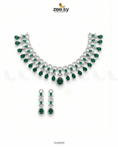 Silver Halo Cascading Necklace Set Silver Green Necklace Sets - Zeesy Jewellery Pakistan | Premium Artificial & Imitation Jewellery