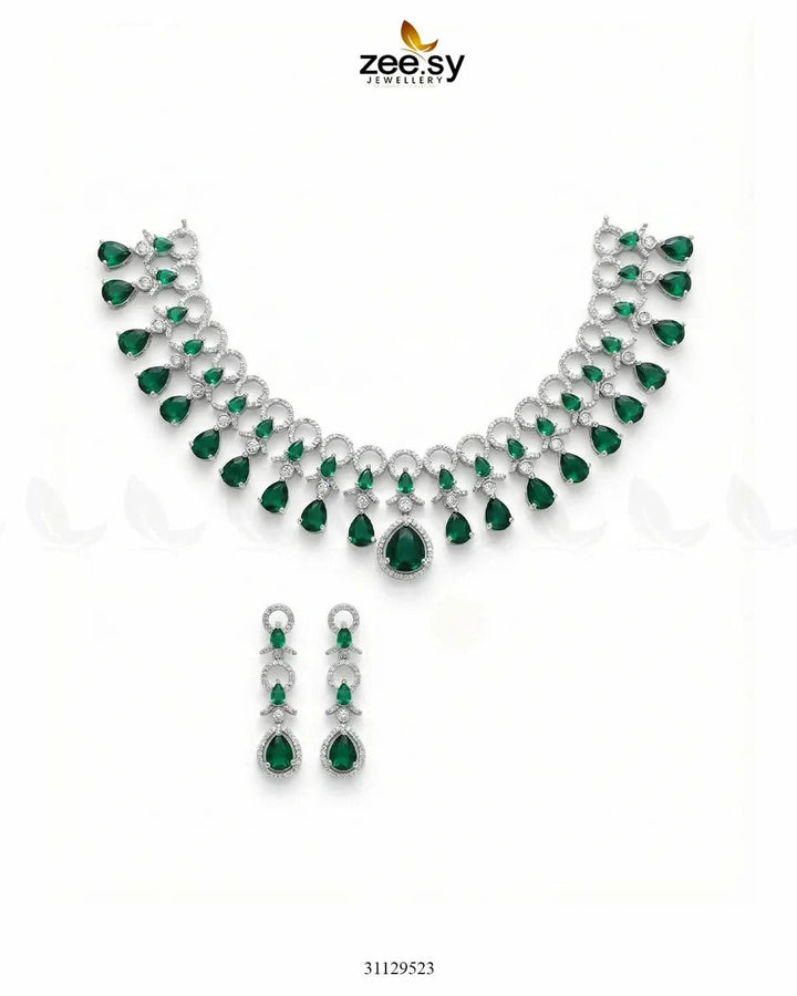 Silver Halo Cascading Necklace Set Silver Green Necklace Sets - Zeesy Jewellery Pakistan | Premium Artificial & Imitation Jewellery