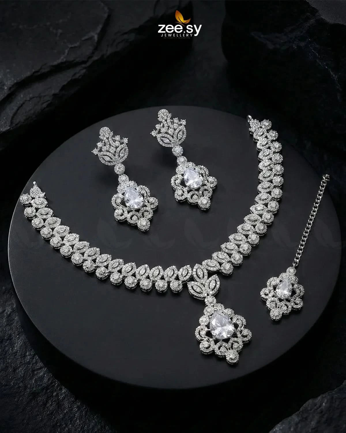 Silver Crystal Pave Necklace Set Necklace Sets - Zeesy Jewellery Pakistan | Premium Artificial & Imitation Jewellery