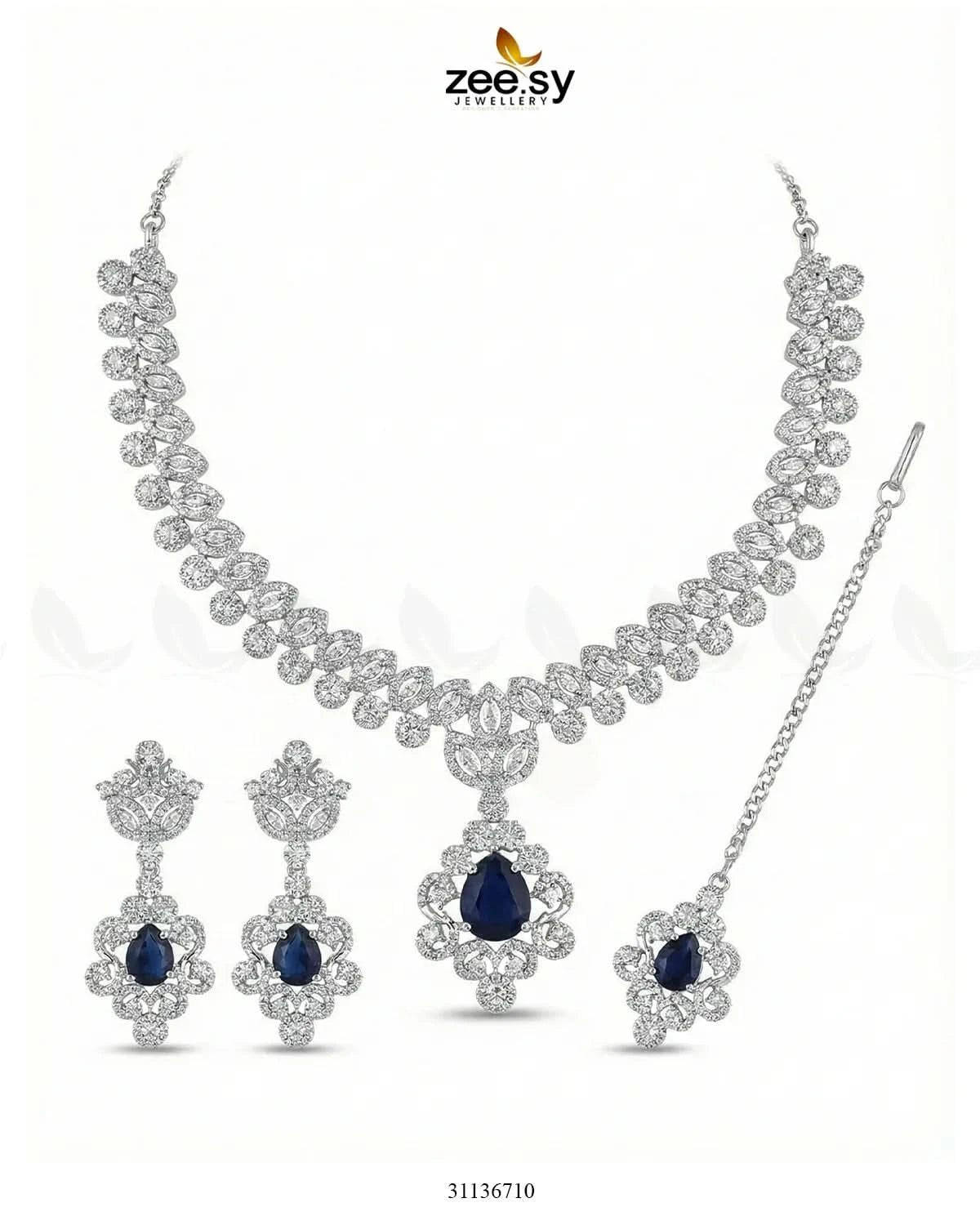 Silver Crystal Pave Necklace Set Silver Blue Necklace Sets - Zeesy Jewellery Pakistan | Premium Artificial & Imitation Jewellery