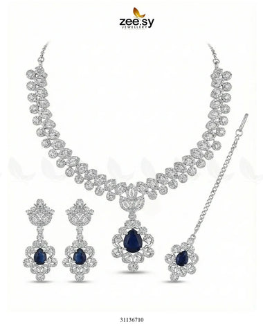 Silver Crystal Pave Necklace Set Silver Blue Necklace Sets - Zeesy Jewellery Pakistan | Premium Artificial & Imitation Jewellery