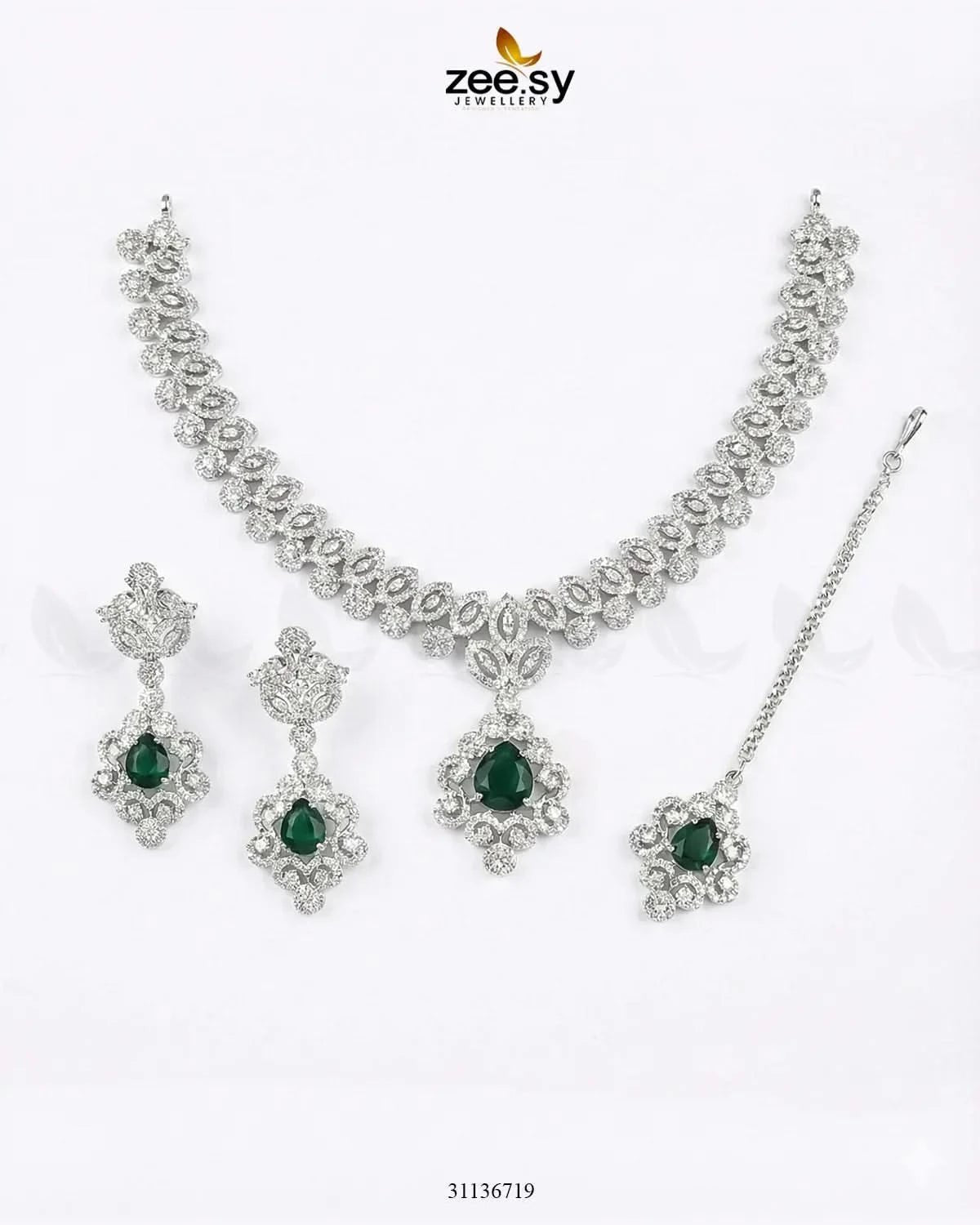 Silver Crystal Pave Necklace Set Silver Green Necklace Sets - Zeesy Jewellery Pakistan | Premium Artificial & Imitation Jewellery