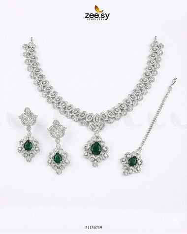 Silver Crystal Pave Necklace Set Silver Green Necklace Sets - Zeesy Jewellery Pakistan | Premium Artificial & Imitation Jewellery